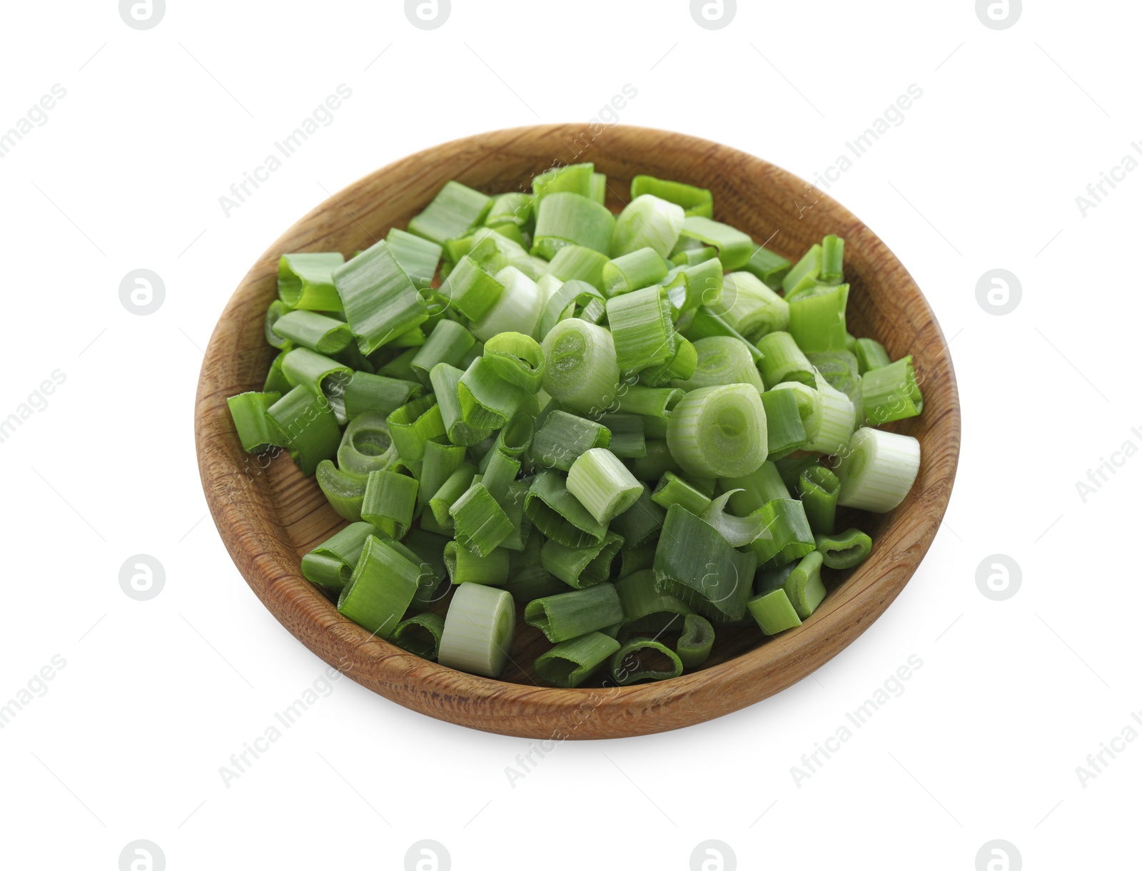Photo of Bowl of chopped green onion isolated on white