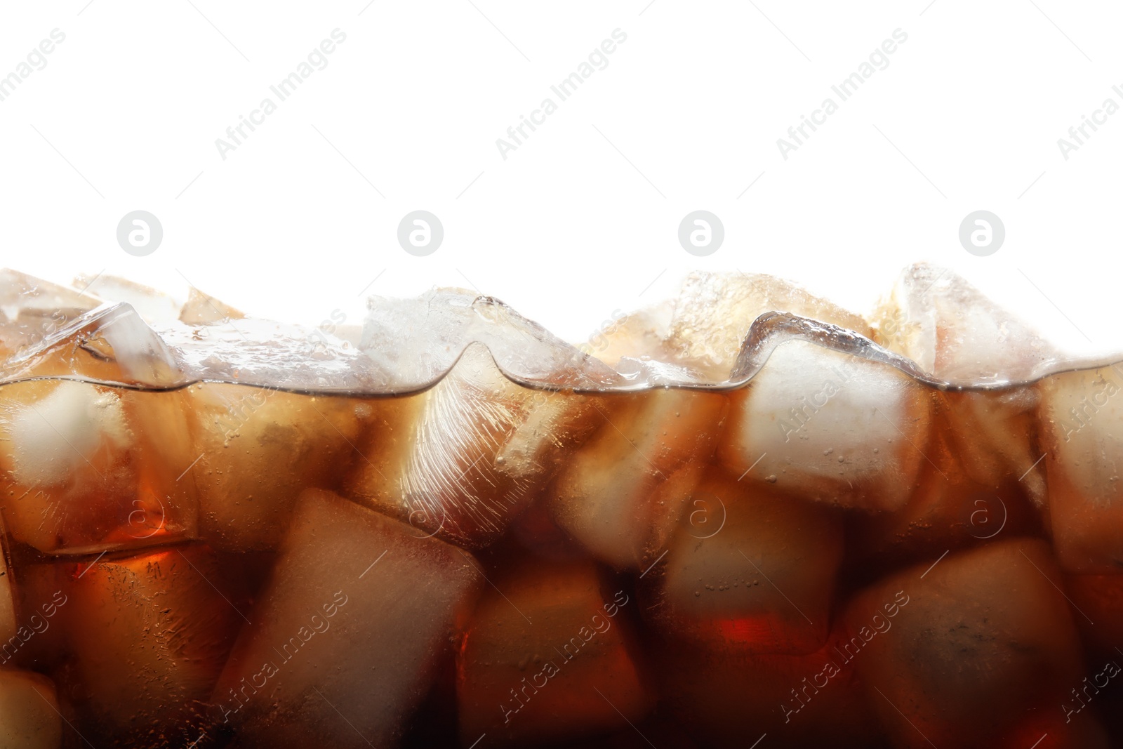 Photo of Closeup view of tasty refreshing cola with ice cubes on white background