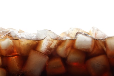Closeup view of tasty refreshing cola with ice cubes on white background