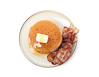 Photo of Delicious pancakes with maple syrup, butter and fried bacon on white background, top view