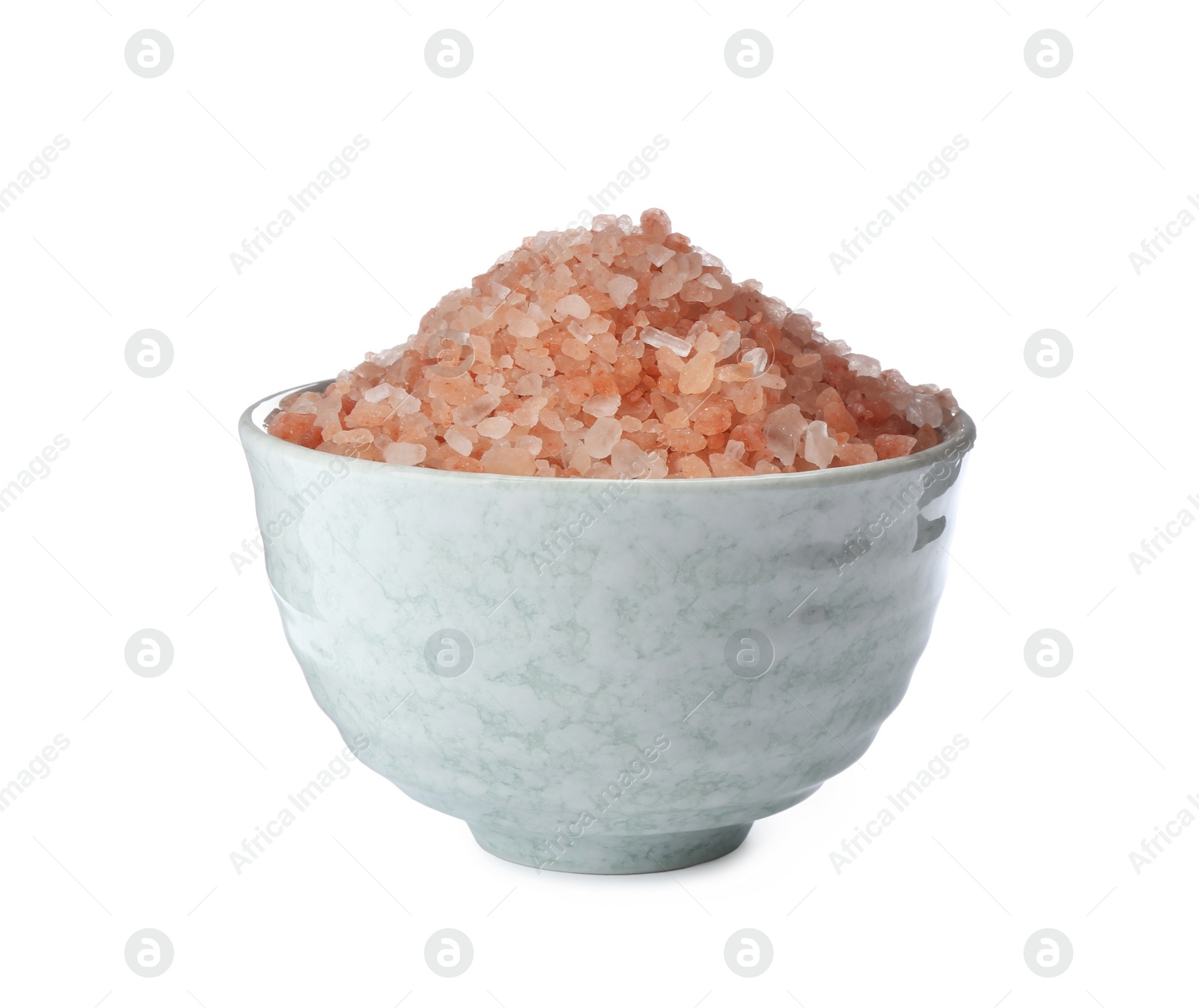 Photo of Pink himalayan salt in bowl isolated on white