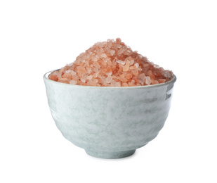 Photo of Pink himalayan salt in bowl isolated on white