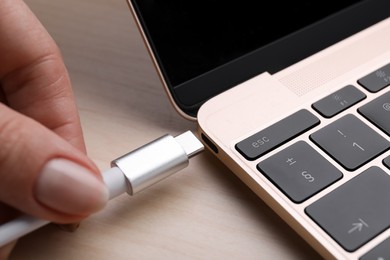 Photo of Woman plugging USB cable with type C connector into laptop port on light wooden table, closeup