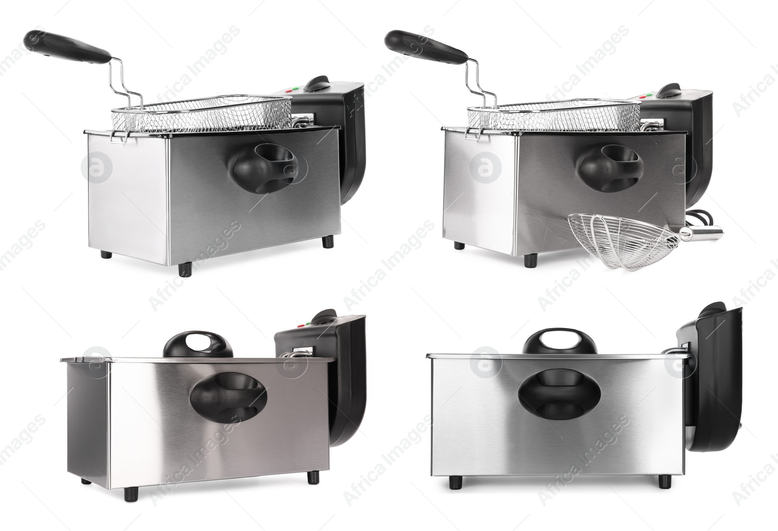 Image of Set with modern deep fryers on white background