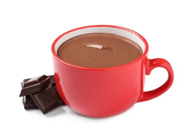 Photo of Yummy hot chocolate in red cup on white background