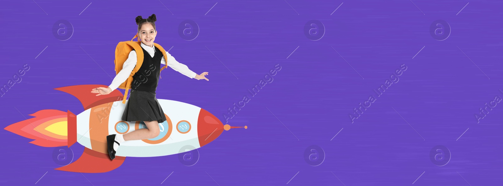 Image of Schoolgirl flying on rocket to kingdom of knowledge against purple background. Banner design with space for text