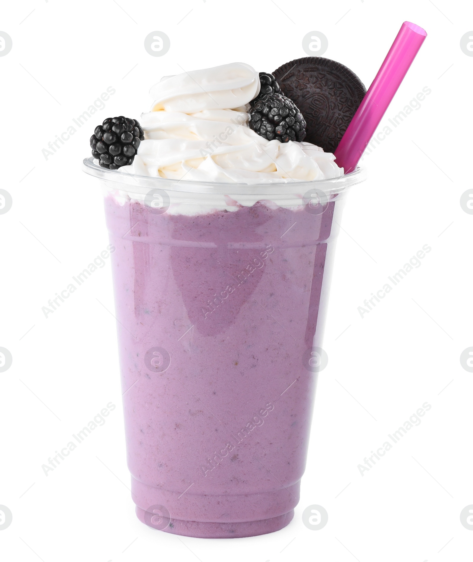 Photo of Tasty fresh milk shake in plastic cup on white background