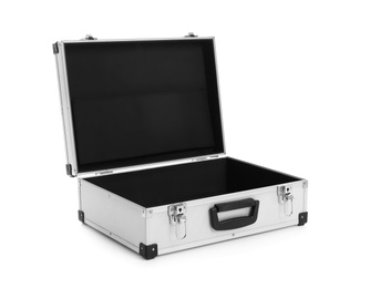 Photo of Open modern suitcase on white background