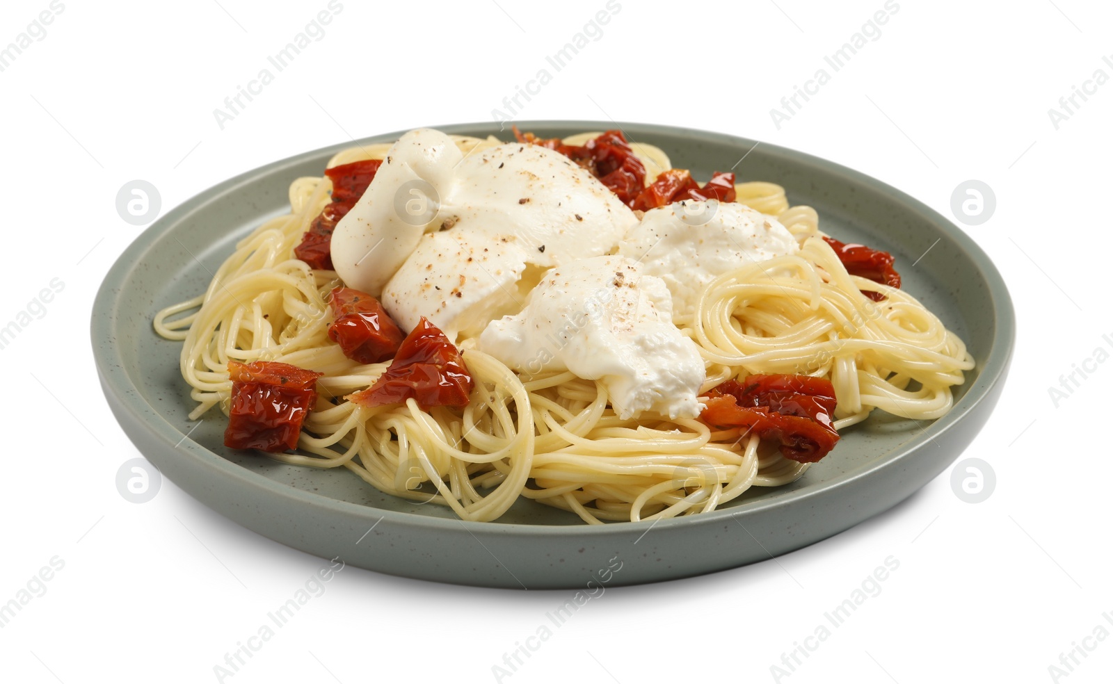 Photo of Delicious spaghetti with burrata cheese and sun dried tomatoes isolated on white