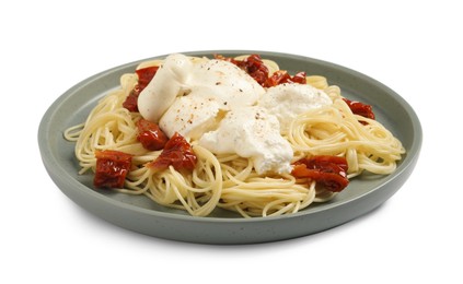 Photo of Delicious spaghetti with burrata cheese and sun dried tomatoes isolated on white