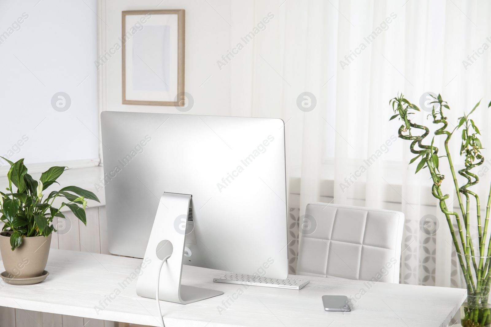 Photo of Office interior with houseplants and computer monitor on table