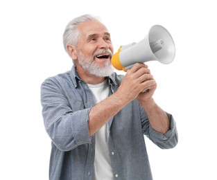 Special promotion. Smiling senior man shouting in megaphone on white background