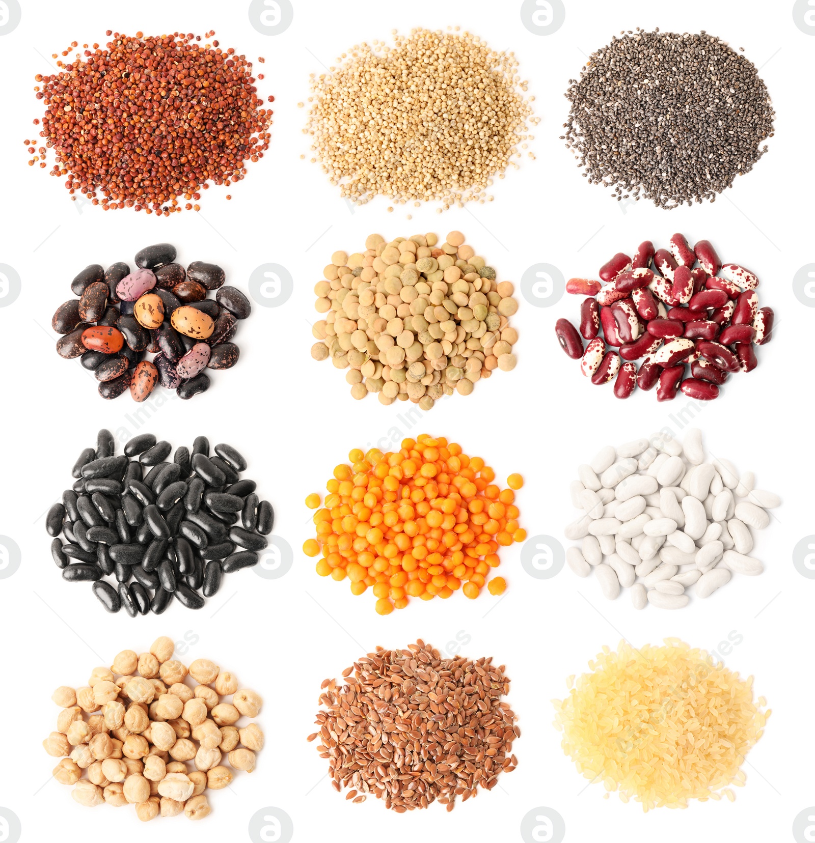 Image of Set with different legumes, grains and seeds on white background. Vegan diet