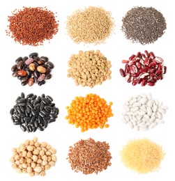 Set with different legumes, grains and seeds on white background. Vegan diet