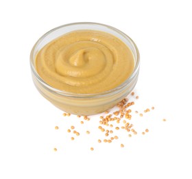 Fresh tasty mustard sauce in bowl and dry seeds isolated on white