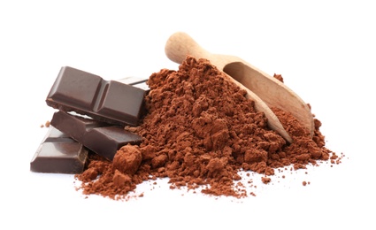 Photo of Cocoa powder and pieces of chocolate on white background