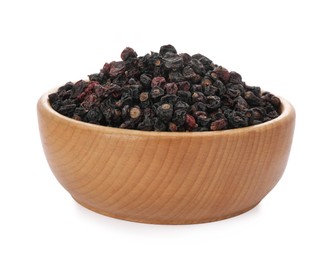 Bowl of tasty dried currants on white background