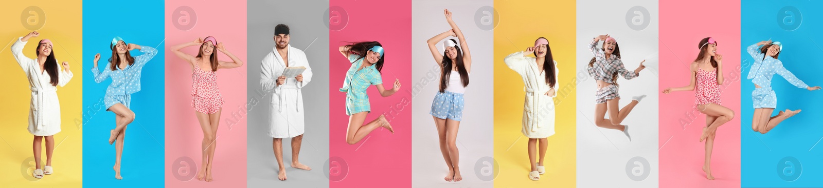 Image of Collage of women and man with sleep masks on color background. Banner design