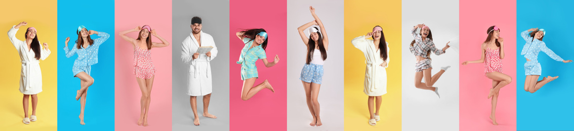 Image of Collage of women and man with sleep masks on color background. Banner design