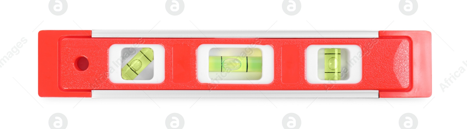 Photo of Red building level isolated on white, top view. Construction tool