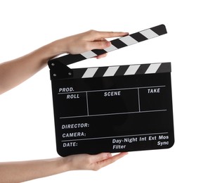 Photo of Woman holding movie clapper on white background, closeup
