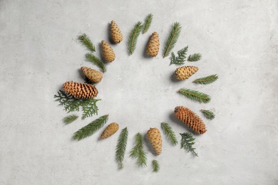 Frame of pinecones and fir branches on light grey background, flat lay. Space for text