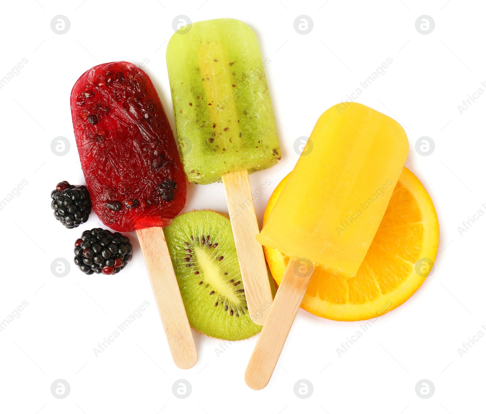 Photo of Delicious ice popsicles and fresh fruits on white background, top view