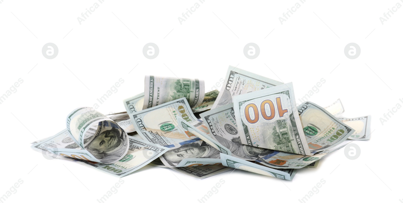 Photo of Many dollar banknotes on white background. National American currency