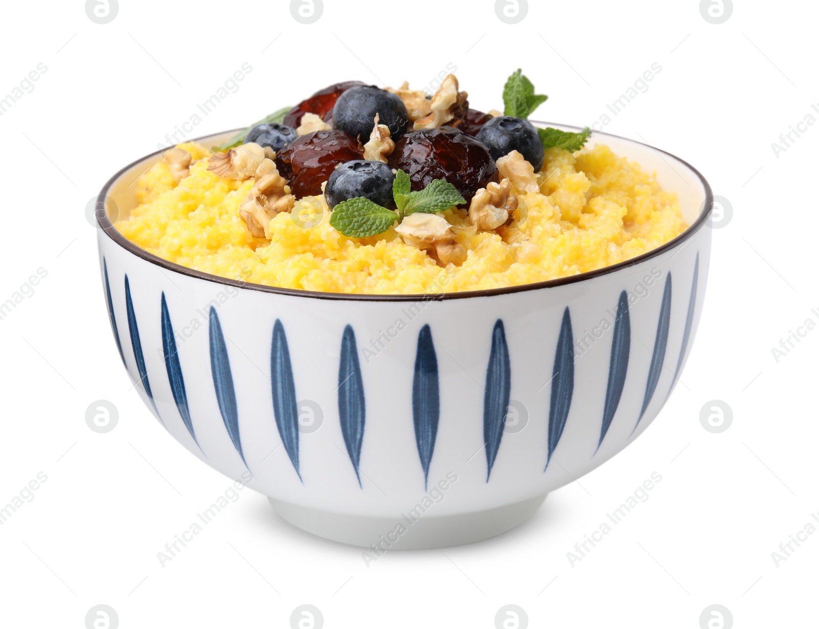 Photo of Tasty cornmeal with blueberries, dates, walnuts and mint in bowl isolated on white