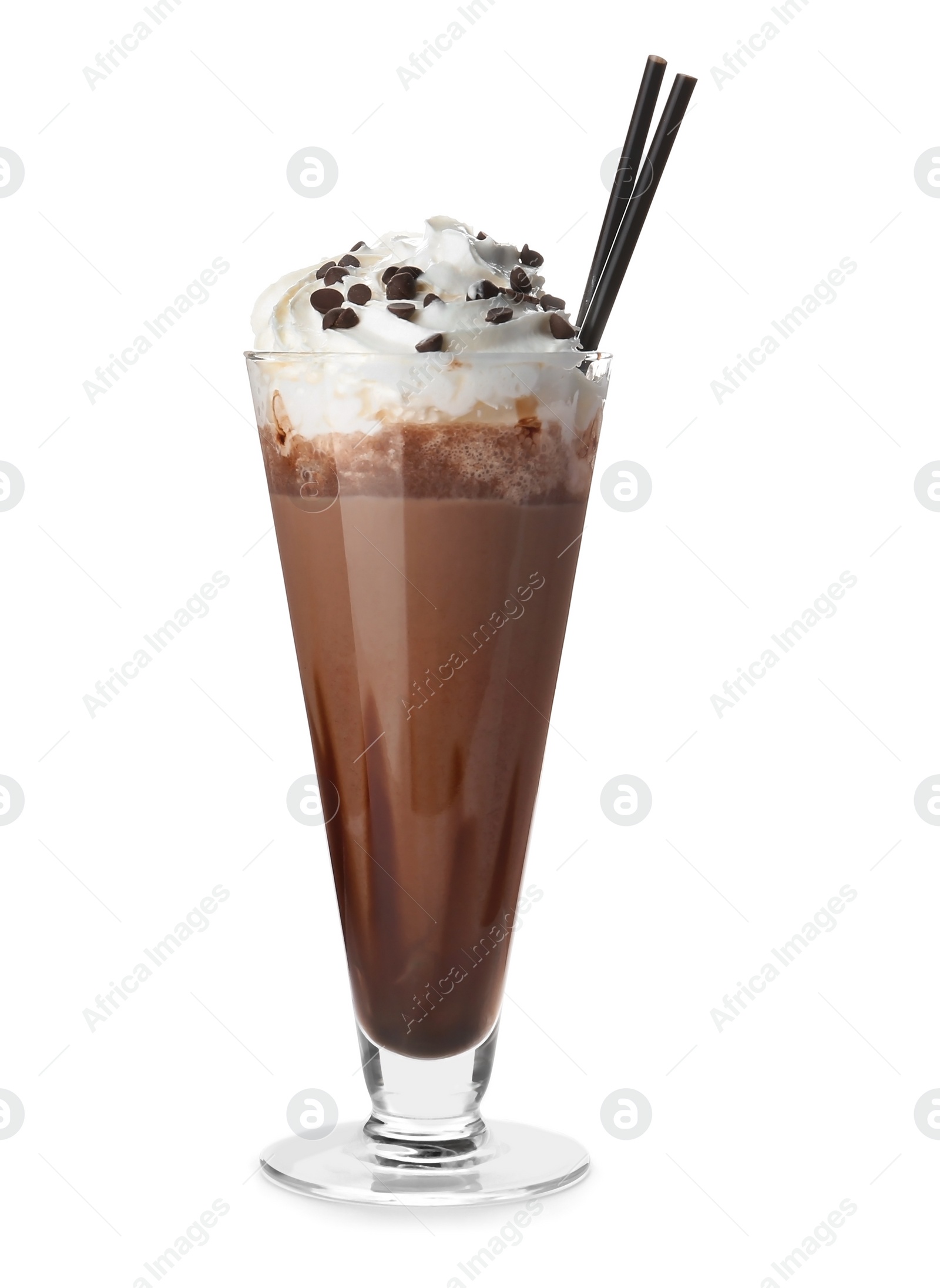 Photo of Glass with delicious milk shake on white background