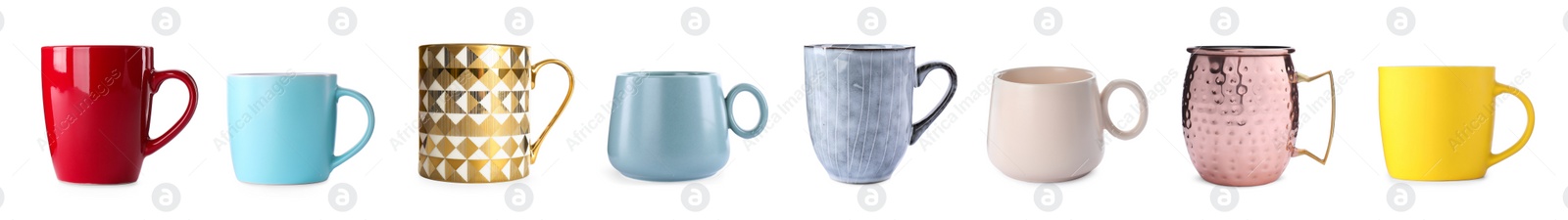 Image of Set with different beautiful cups on white background. Banner design