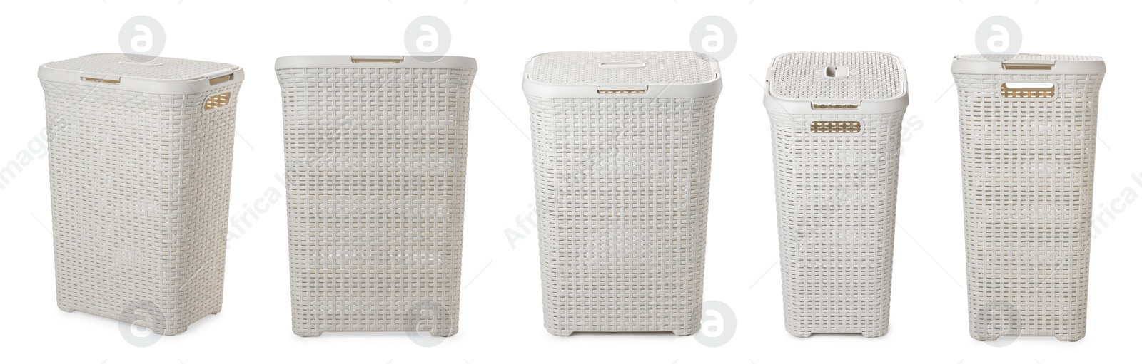 Beige laundry basket on white background, view from different sides. Banner design Image of Beige laundry basket on white background, view from different sides. Banner design