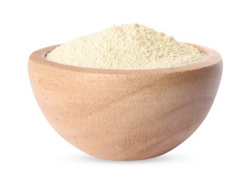 Photo of Quinoa flour in wooden bowl isolated on white