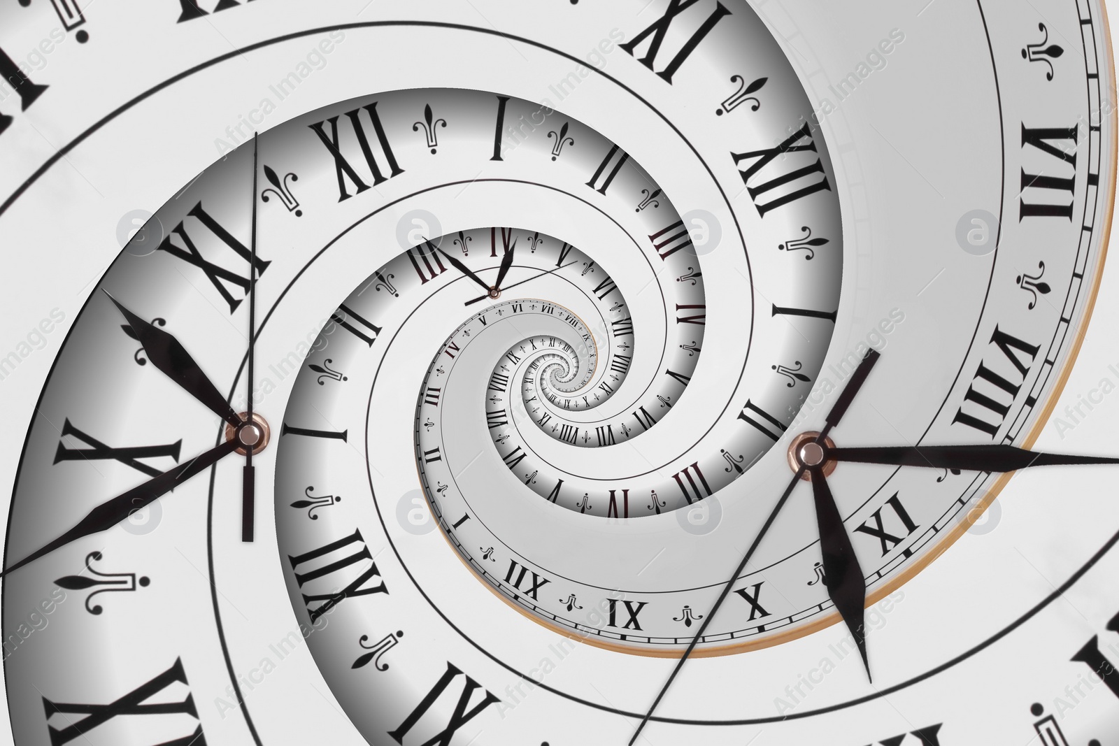 Image of Infinity and other time related concepts. White clock face with roman numerals twisted in spiral, fractal pattern