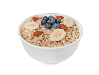 Photo of Tasty boiled oatmeal with blueberries, banana and almonds in bowl isolated on white