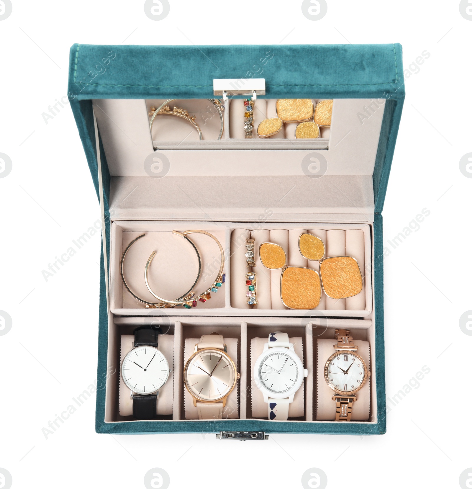 Photo of Elegant jewelry box with beautiful bijouterie and expensive wristwatches isolated on white, top view