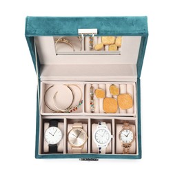 Photo of Elegant jewelry box with beautiful bijouterie and expensive wristwatches isolated on white, top view