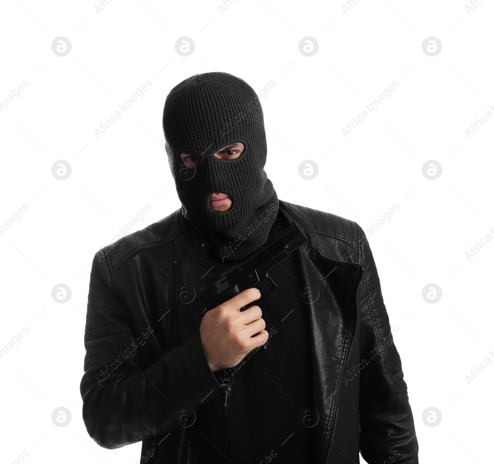 Photo of Man wearing knitted balaclava with gun on white background