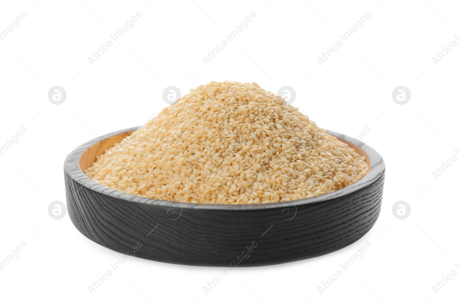 Photo of Wooden plate with sesame seeds on white background