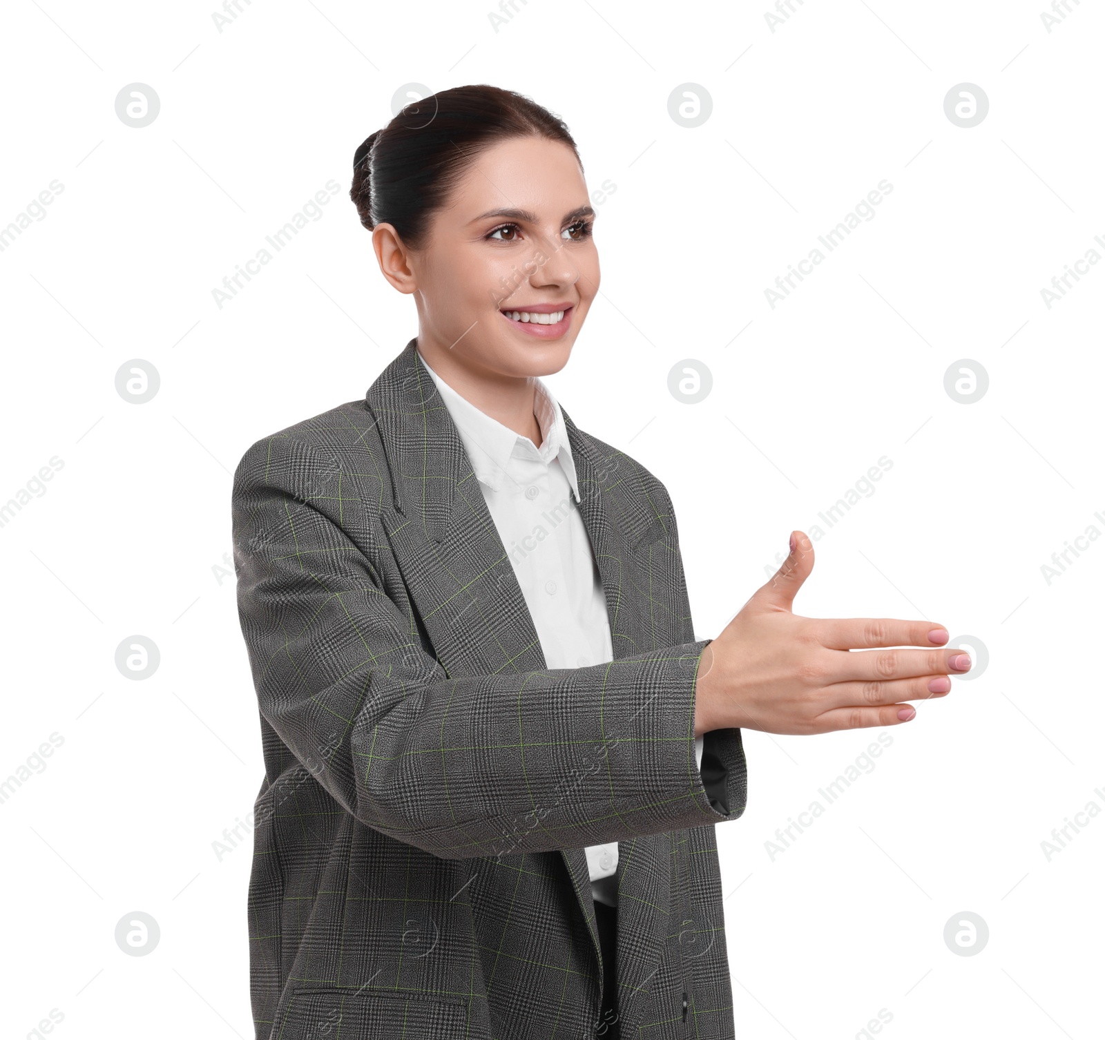 Photo of Beautiful happy businesswoman in suit on white background