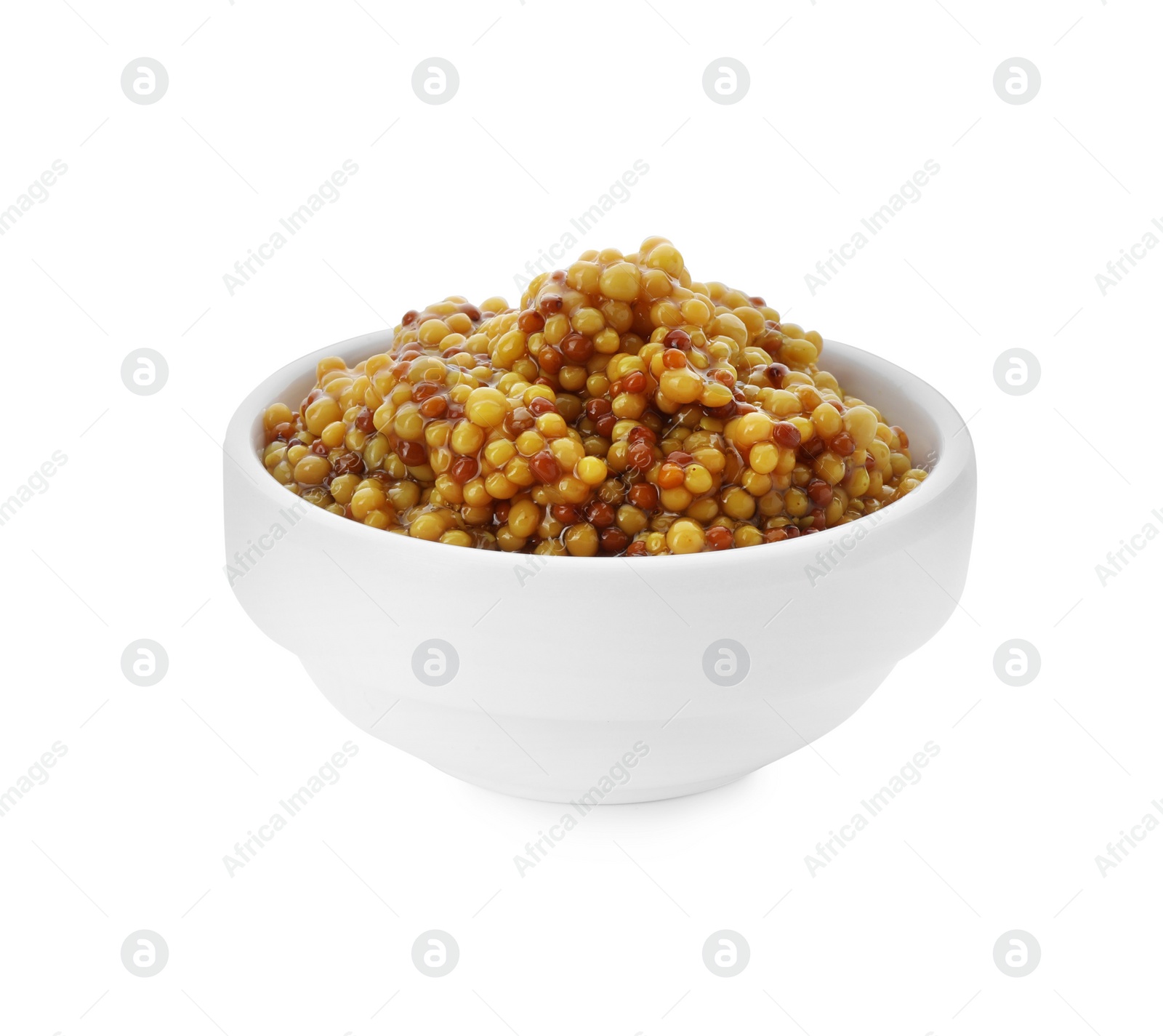 Photo of Fresh whole grain mustard in bowl isolated on white