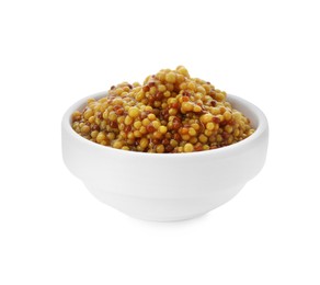 Photo of Fresh whole grain mustard in bowl isolated on white