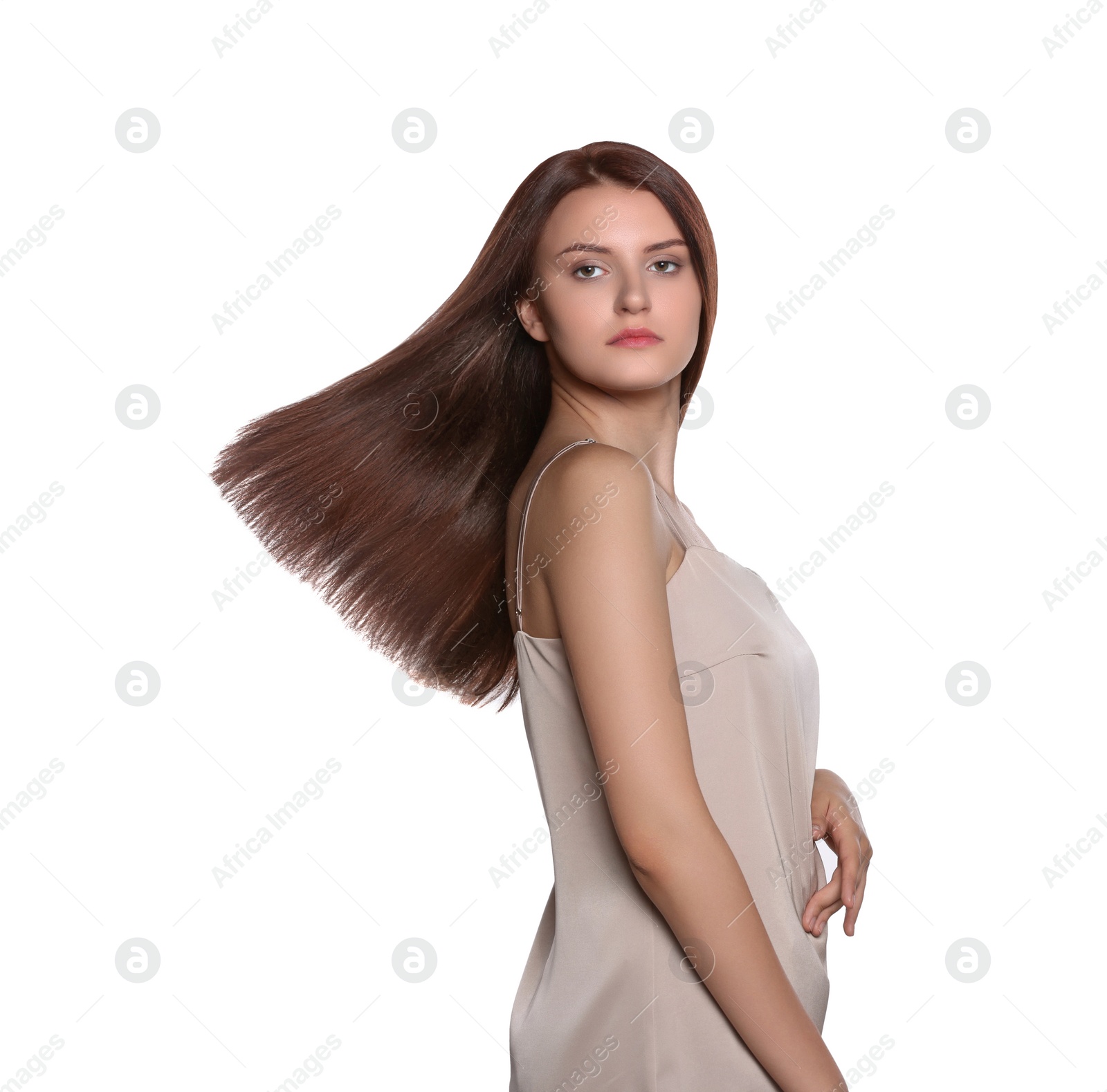 Photo of Portrait of beautiful young woman with healthy strong hair on white background