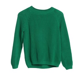 Stylish green knitted sweater isolated on white. Women`s clothes