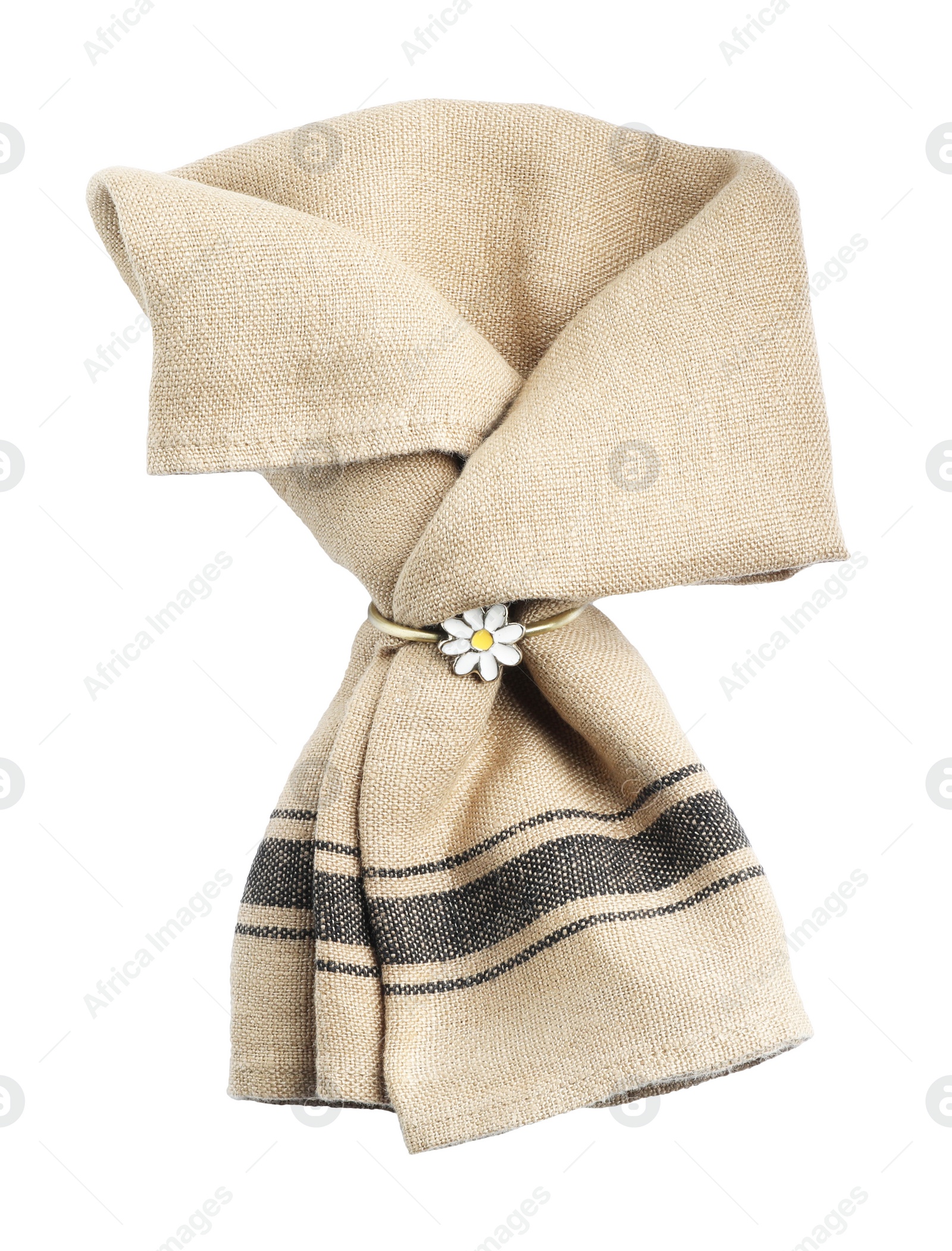 Photo of Beige cloth napkin with decorative ring for table setting isolated on white, top view