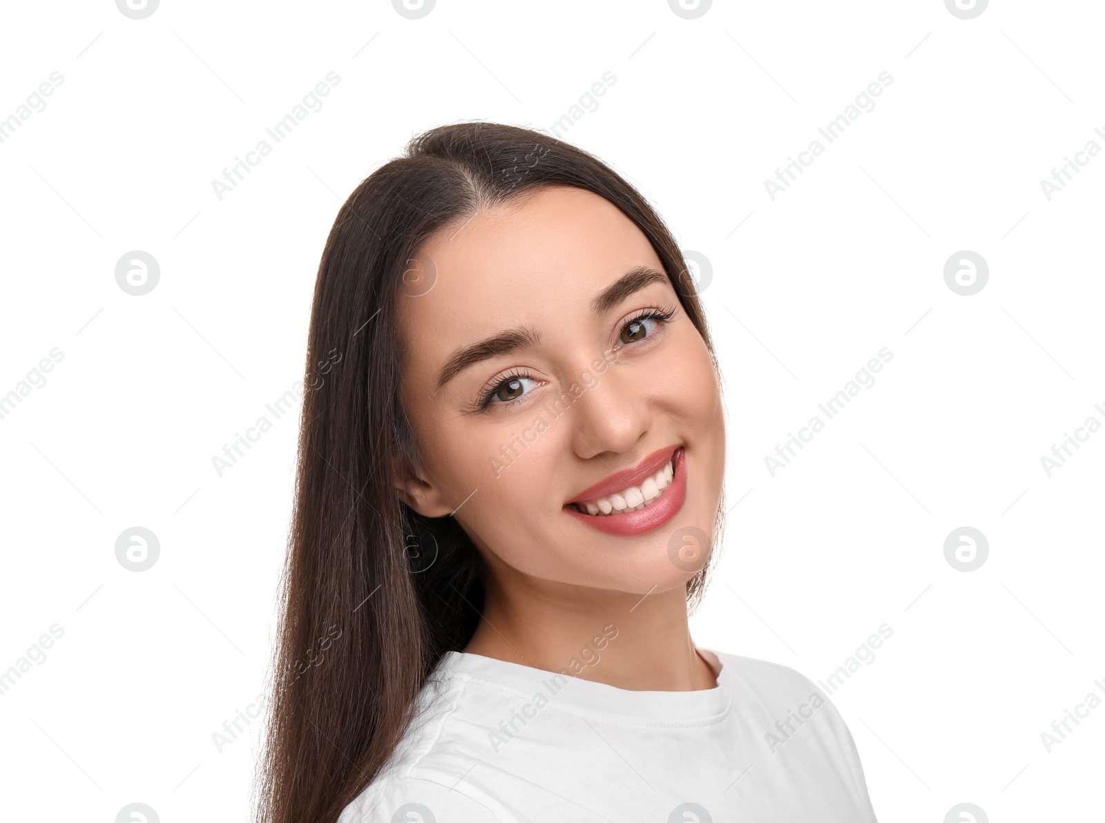 Photo of Young woman with clean teeth smiling on white background