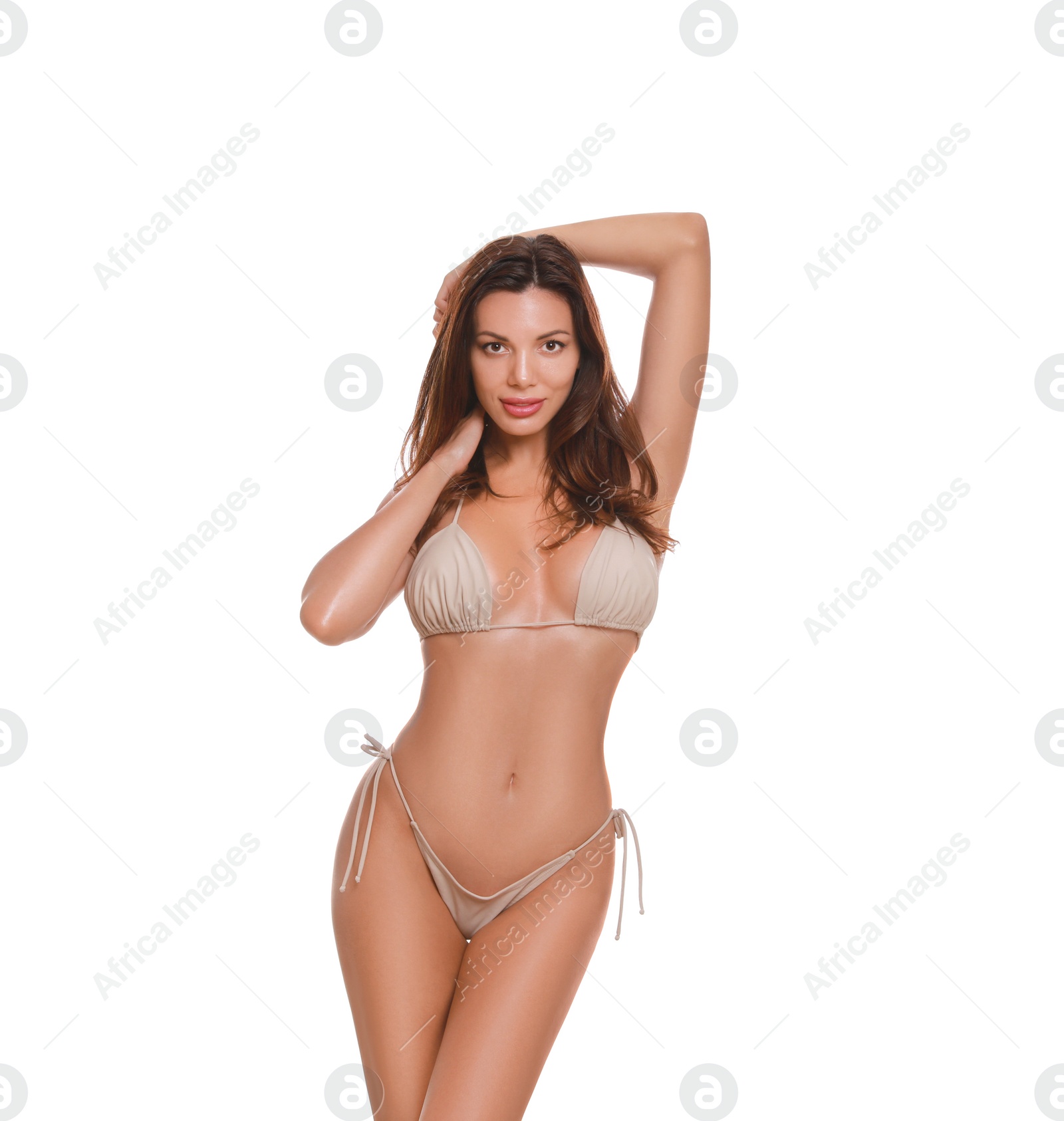 Photo of Beautiful woman in stylish bikini on white background