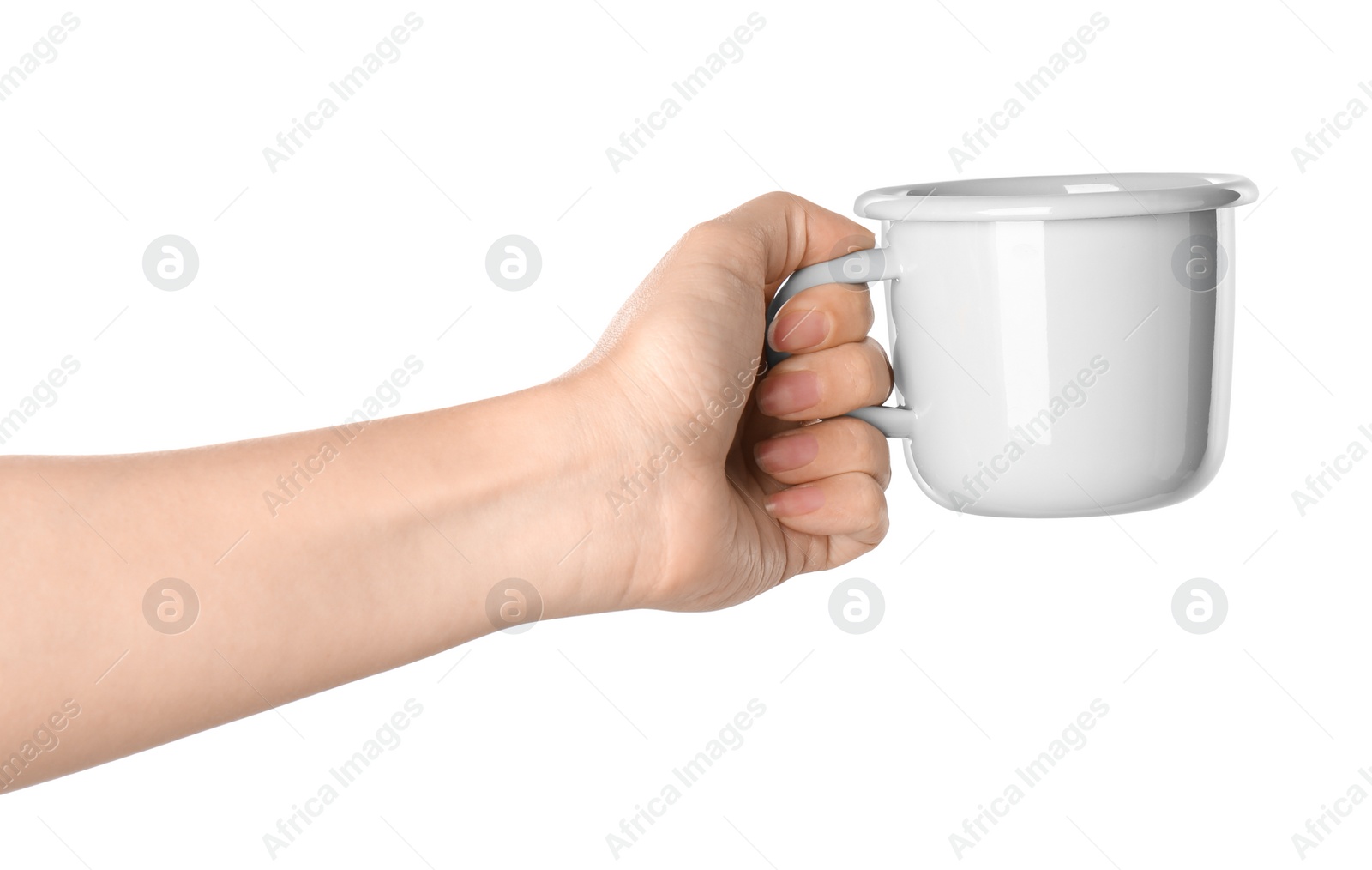 Photo of Woman holding light grey cup on white background, closeup