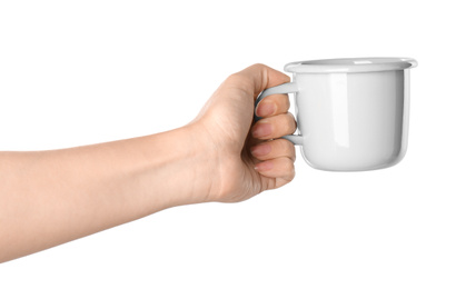 Photo of Woman holding light grey cup on white background, closeup