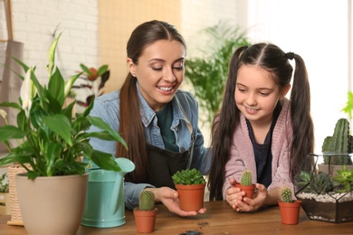 Mother and daughter taking care of potted plants at home